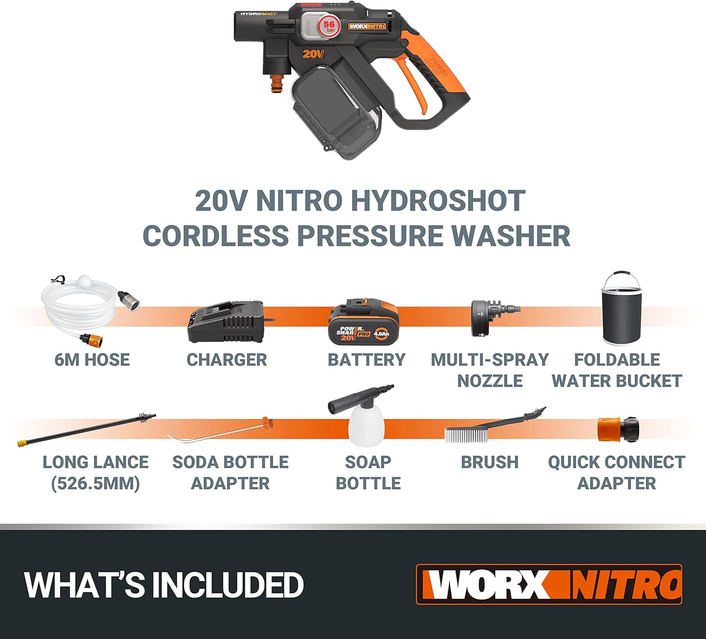 WORX Nitro 18V(20V MAX) Hydroshot Akku-Hochdruckreiniger WG633E.1, PowerShare, Terrassenreinigung und Autoreinigung, Max. 56 Bar, 220L/H, mit Zubehör, 4,0 Ah Akku & Ladegerät Orange & Schwarz
