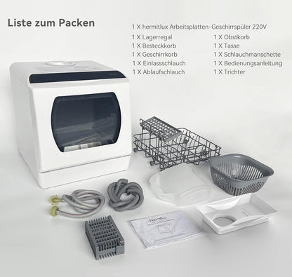 Hermitlux Mini Geschirrspüler, Spülmaschine für 4 Bestecksätze, 5 Liter Wassertank, 6 Programme Mini Tischgeschirrspüler, Perfekt für Wohnungen, Schlafsäle, Camping, Weiß