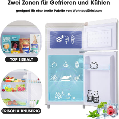 Merax Kühlschrank mit Gefrierfach, Kühl-Gefrierkombination, klein Kühlschrank mit 51L und Gefrierschrank 21L, Leise, LED, Glasablagen, Gemüsefach, Türablagen, für Küche, Wohnzimmer, Büro, Schwarz