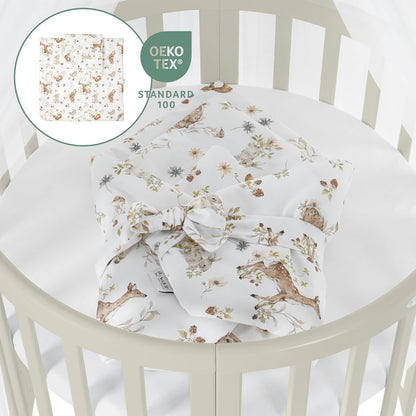 Waldin Oval Baby-Bett Mitwachsend Komplett Set 7in1, Gitterbett, Kinderbett mit Matratze, Wickelkommode, Beistellbett, Holz Weiß