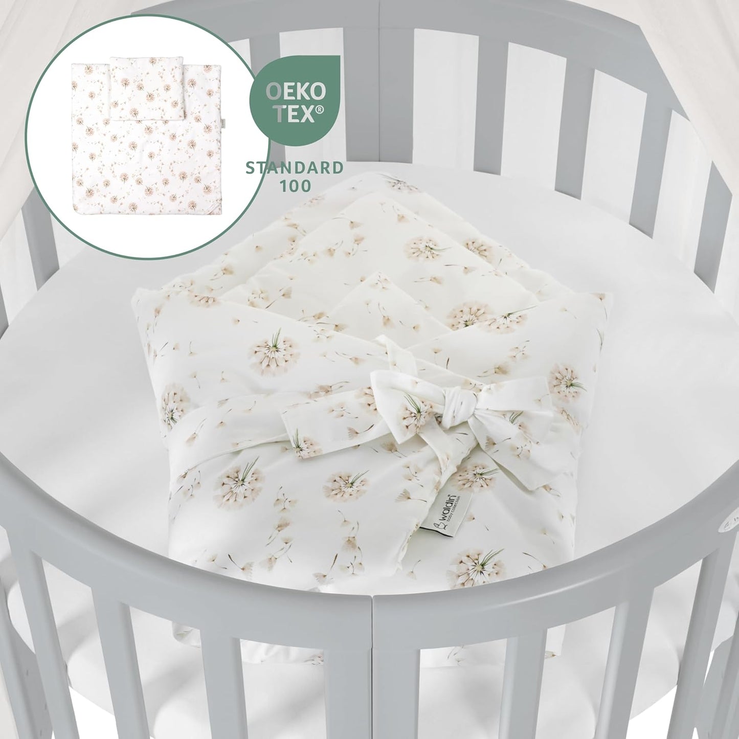 Waldin Oval Baby-Bett Mitwachsend Komplett Set 7in1, Gitterbett, Kinderbett mit Matratze, Wickelkommode, Beistellbett, Holz Weiß