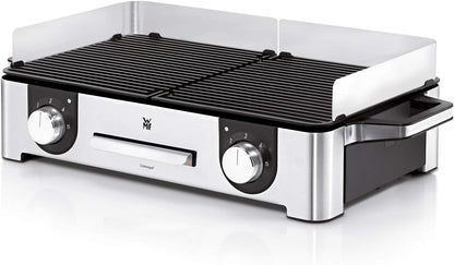 WMF Lono Master-Grill, Elektrogrill, 50x28 cm, Elektrogrill Tischgrill mit Windschutz und Auffangschale, Outdoorzertifiziert für Barbecue, 2 getrennt regulierbare Grillflächen, 2400 W, edelstahl matt