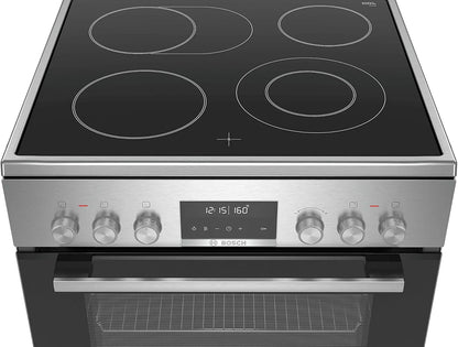 Bosch HKR39C250 Serie 4 Elektro-Standherd, 60 cm breit, EcoClean Direct Reinigungshilfe, 3D Heißluft Backen auf 3 Ebenen, LED-Display-Steuerung, erweiterbare Kochzone für großes Kochgeschirr
