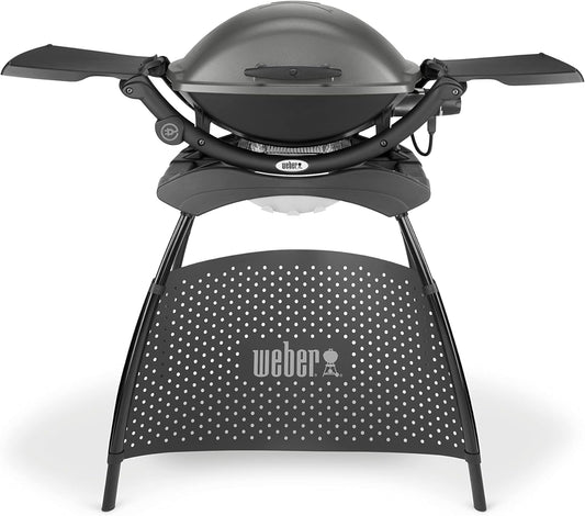 Weber Q2400 Elekrogrill mit Stand + Seitentischen, 54 x 39cm Grillfäche, portable, 2-geteilter porzellanemaillierter Guss-Grillrost, Aluminiumguss Deckel & Gehäuse - Dark Grey (55020879)