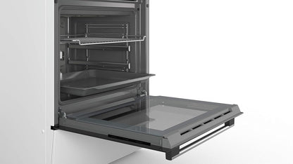 Bosch HKR39C250 Serie 4 Elektro-Standherd, 60 cm breit, EcoClean Direct Reinigungshilfe, 3D Heißluft Backen auf 3 Ebenen, LED-Display-Steuerung, erweiterbare Kochzone für großes Kochgeschirr