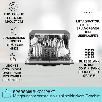 Klarstein  ia 8 - Spülmaschine, Geschirrspüler, Freistehend, Teilintegriert, F, 55 cm breit, 8 Maßgedecke, 6 Programme, Aquastop, silber
