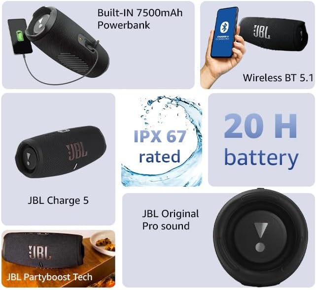 JBL Charge 5 Bluetooth-Lautsprecher in Schwarz – Wasserfeste, portable Boombox mit integrierter Powerbank – Eine Akku-Ladung für bis zu 20 Stunden kabellosen Musikgenuss