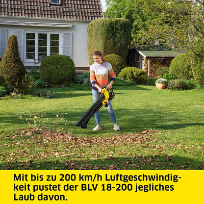 Kärcher 18 V Akku-Laubbläser und -sauger BLV 18-200 Battery Set, inkl. 18 V/2,5 Ah Akku und Schnellladegerät, mit Mulchfunktion, Luftgeschwindigkeit: 200 km/h, Fangsackvolumen: 45 l, Gewicht: 3,5 kg