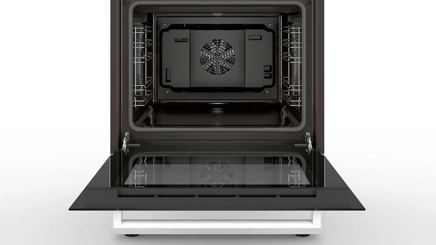 Bosch HKR39C250 Serie 4 Elektro-Standherd, 60 cm breit, EcoClean Direct Reinigungshilfe, 3D Heißluft Backen auf 3 Ebenen, LED-Display-Steuerung, erweiterbare Kochzone für großes Kochgeschirr