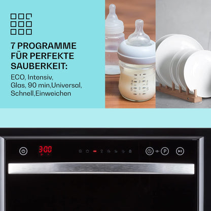Klarstein  ia 8 - Spülmaschine, Geschirrspüler, Freistehend, Teilintegriert, F, 55 cm breit, 8 Maßgedecke, 6 Programme, Aquastop, silber