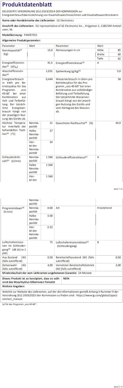 LG F4WV7080, Klasse A, Frontlader-Waschmaschine 8 kg, 1400 U/Min, AI Direct Drive, Wi-Fi, Tiefenreinigung mit Dampf, Groe Kapazitt, TRIPLE A, Auentür aus Sicherheitsglas, 62 x 60 x 85 cm  Wei