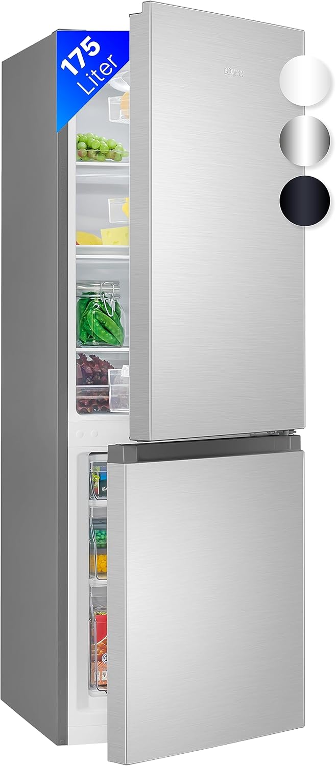 Bomann® Kühlschrank mit Gefrierfach 143cm hoch | Kühl Gefrierkombination 175L mit 3 Ablagen & 3 Schubladen | Türanschlag wechselbar | leise Kühlgefrierkombi 39db | Kühlschrank KG 322.1 inox-look