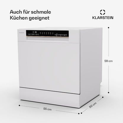 Klarstein  ia 8 - Spülmaschine, Geschirrspüler, Freistehend, Teilintegriert, F, 55 cm breit, 8 Maßgedecke, 6 Programme, Aquastop, silber