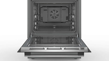 Bosch HKR39C250 Serie 4 Elektro-Standherd, 60 cm breit, EcoClean Direct Reinigungshilfe, 3D Heißluft Backen auf 3 Ebenen, LED-Display-Steuerung, erweiterbare Kochzone für großes Kochgeschirr