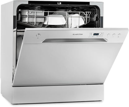 Klarstein  ia 8 - Spülmaschine, Geschirrspüler, Freistehend, Teilintegriert, F, 55 cm breit, 8 Maßgedecke, 6 Programme, Aquastop, silber