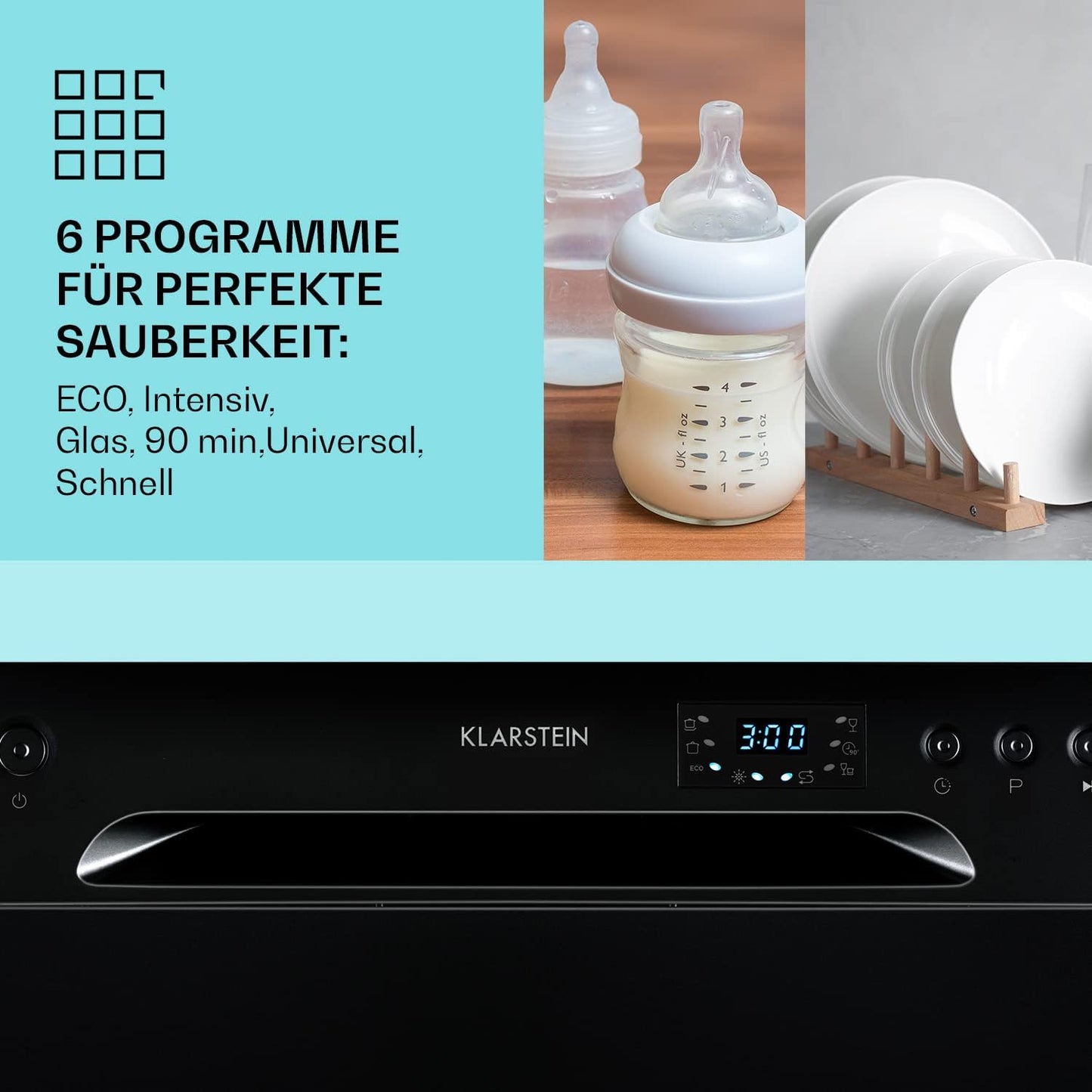 Klarstein  ia 8 - Spülmaschine, Geschirrspüler, Freistehend, Teilintegriert, F, 55 cm breit, 8 Maßgedecke, 6 Programme, Aquastop, silber