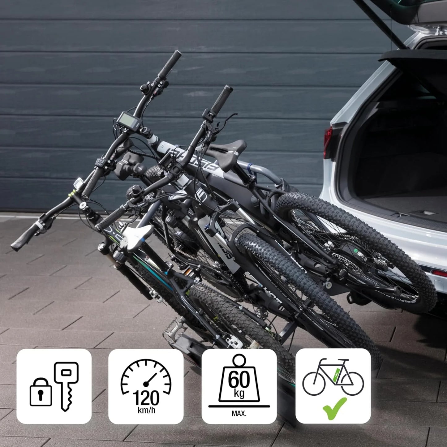 Fischer Kupplungs-Fahrradträger ProlineEvo 2, für 2 Fahrräder bis 60kg Nutzlast, E-Bike geeignet, vormontiert, abschließbar, faltbar