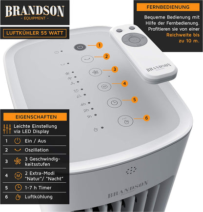 Brandson - Luftkühler mit Wasserkühlung 5 in 1 - Verdunstungskühler, Luftbefeuchter, Ventilator & Luftreiniger, mobile Klimaanlage ohne Abluftschlauch - Preisträger 2025 - leise - 5L Wassertank