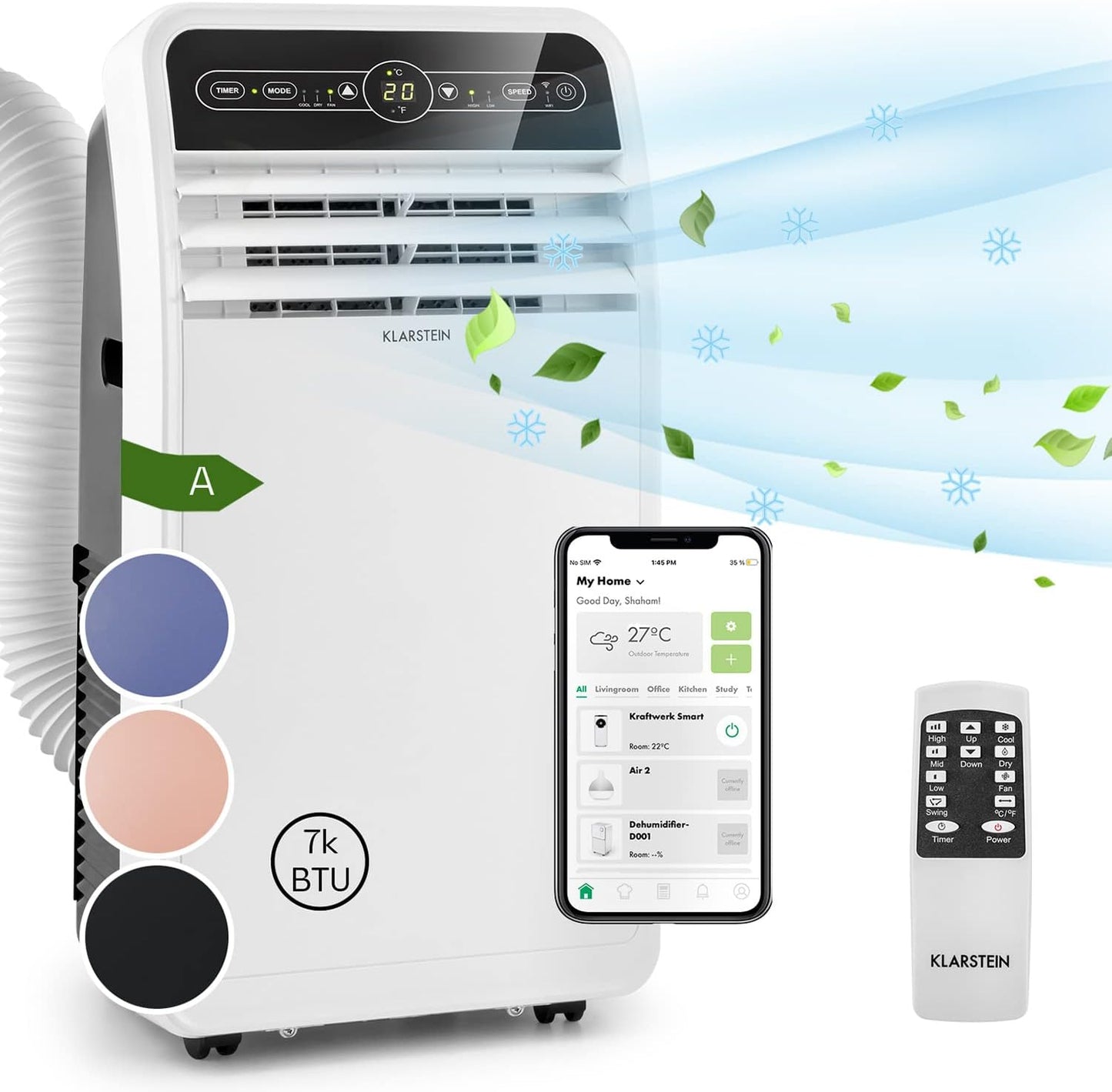 Klarstein Mobile Klimaanlage mit Abluftschlauch, 4-in-1 Klimagerät mit Ventilator, Luftentfeuchter & Nachtmodus, Kleine & Portable Klimaanlage für Wohnung & Büro, Niedriger Verbrauch, 9000 BTU