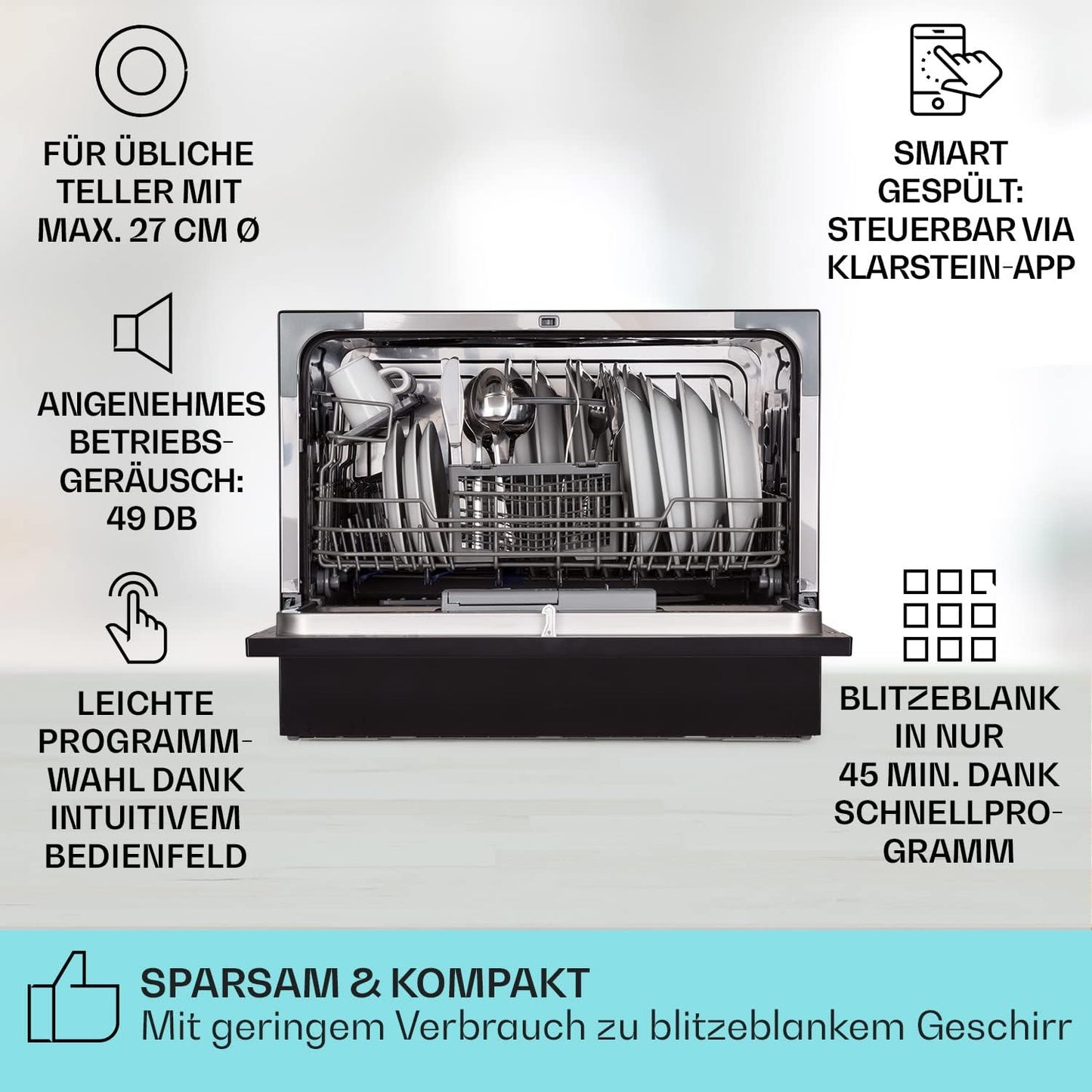Klarstein  ia 8 - Spülmaschine, Geschirrspüler, Freistehend, Teilintegriert, F, 55 cm breit, 8 Maßgedecke, 6 Programme, Aquastop, silber