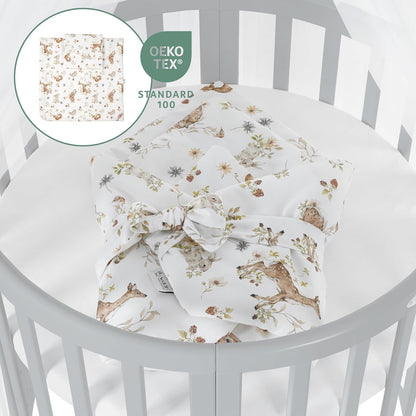 Waldin Oval Baby-Bett Mitwachsend Komplett Set 7in1, Gitterbett, Kinderbett mit Matratze, Wickelkommode, Beistellbett, Holz Weiß