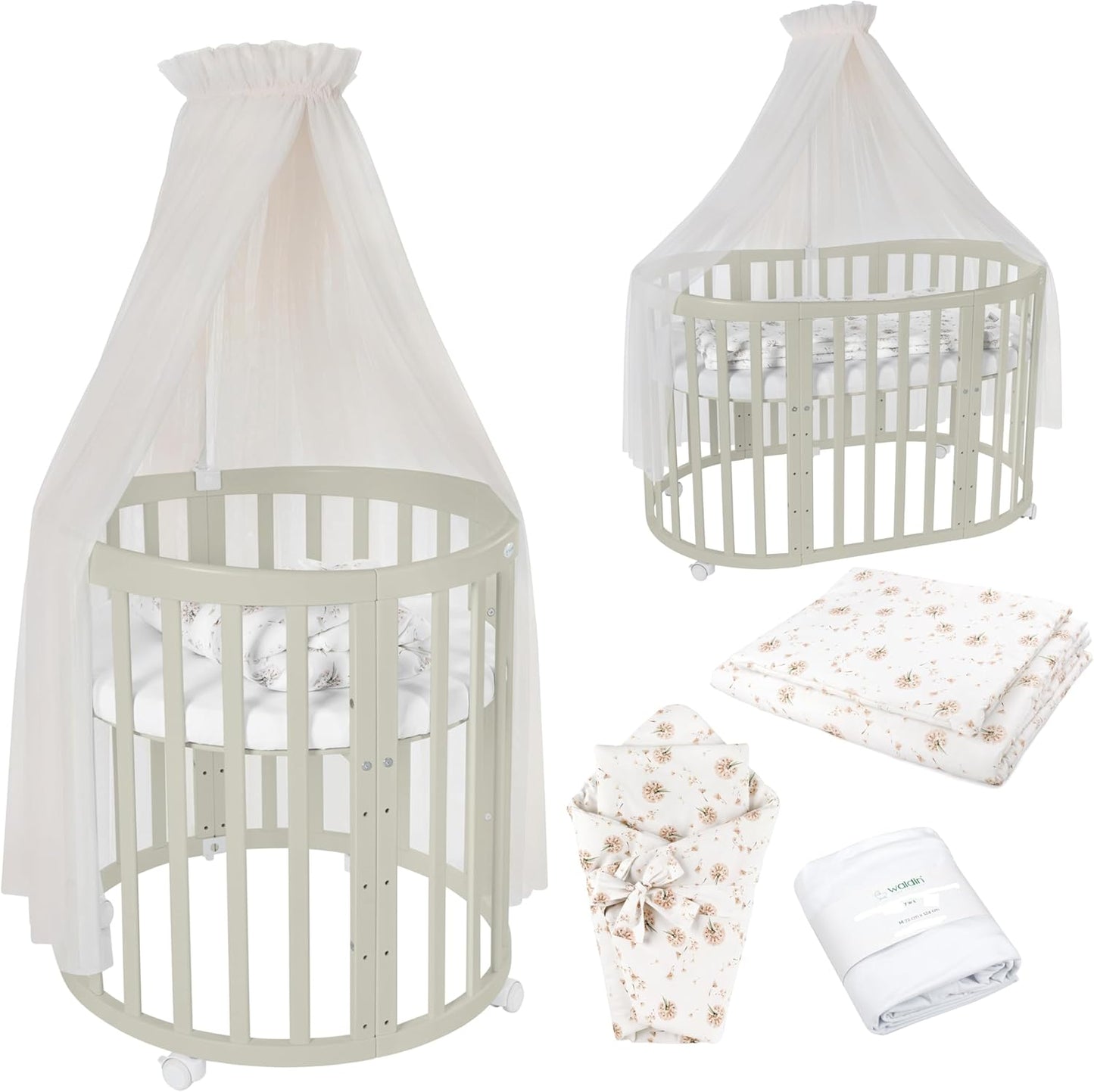 Waldin Oval Baby-Bett Mitwachsend Komplett Set 7in1, Gitterbett, Kinderbett mit Matratze, Wickelkommode, Beistellbett, Holz Weiß