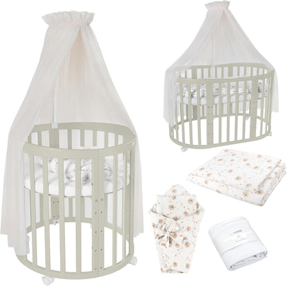 Waldin Oval Baby-Bett Mitwachsend Komplett Set 7in1, Gitterbett, Kinderbett mit Matratze, Wickelkommode, Beistellbett, Holz Weiß