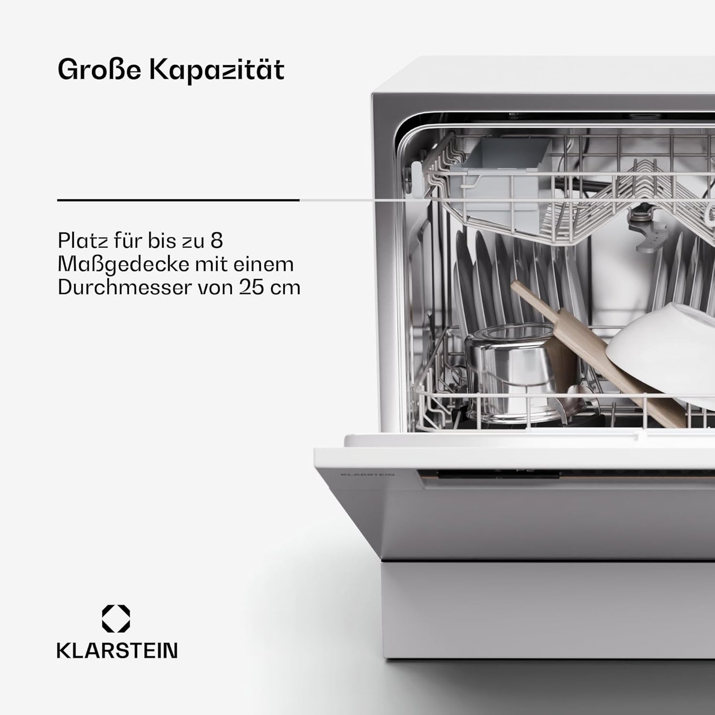 Klarstein  ia 8 - Spülmaschine, Geschirrspüler, Freistehend, Teilintegriert, F, 55 cm breit, 8 Maßgedecke, 6 Programme, Aquastop, silber