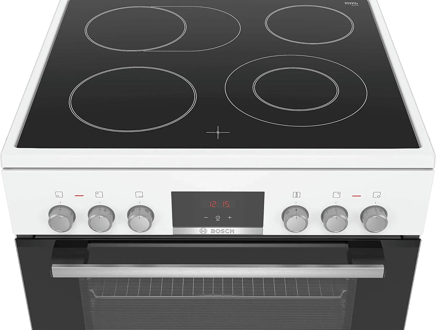 Bosch HKR39C250 Serie 4 Elektro-Standherd, 60 cm breit, EcoClean Direct Reinigungshilfe, 3D Heißluft Backen auf 3 Ebenen, LED-Display-Steuerung, erweiterbare Kochzone für großes Kochgeschirr