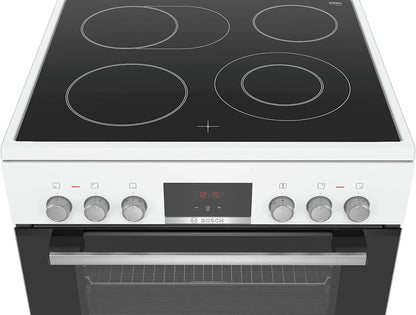 Bosch HKR39C250 Serie 4 Elektro-Standherd, 60 cm breit, EcoClean Direct Reinigungshilfe, 3D Heißluft Backen auf 3 Ebenen, LED-Display-Steuerung, erweiterbare Kochzone für großes Kochgeschirr
