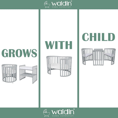 Waldin Oval Baby-Bett Mitwachsend Komplett Set 7in1, Gitterbett, Kinderbett mit Matratze, Wickelkommode, Beistellbett, Holz Weiß