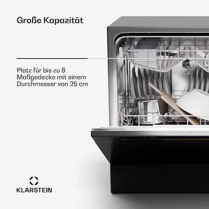 Klarstein  ia 8 - Spülmaschine, Geschirrspüler, Freistehend, Teilintegriert, F, 55 cm breit, 8 Maßgedecke, 6 Programme, Aquastop, silber