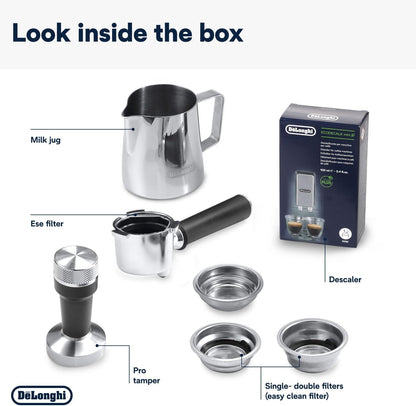 De'Longhi Dedica Style EC 685.M – Espresso Siebtrgermaschine, Espressomaschine mit professionellem Milchaufschumer, nur 15 cm breit, für Kaffeepulver oder ESE Pads, 1 l Wassertank, silber