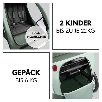 hauck Fahrradanhänger & Kinderwagen Dryk Duo Plus mit Federung, für 2 Kinder (6-48 Monate), inkl. Deichsel, Buggyrad, Fahne und LED Licht, Faltbar, Höhenverstellbar, XL Kofferaum (Dark Green)