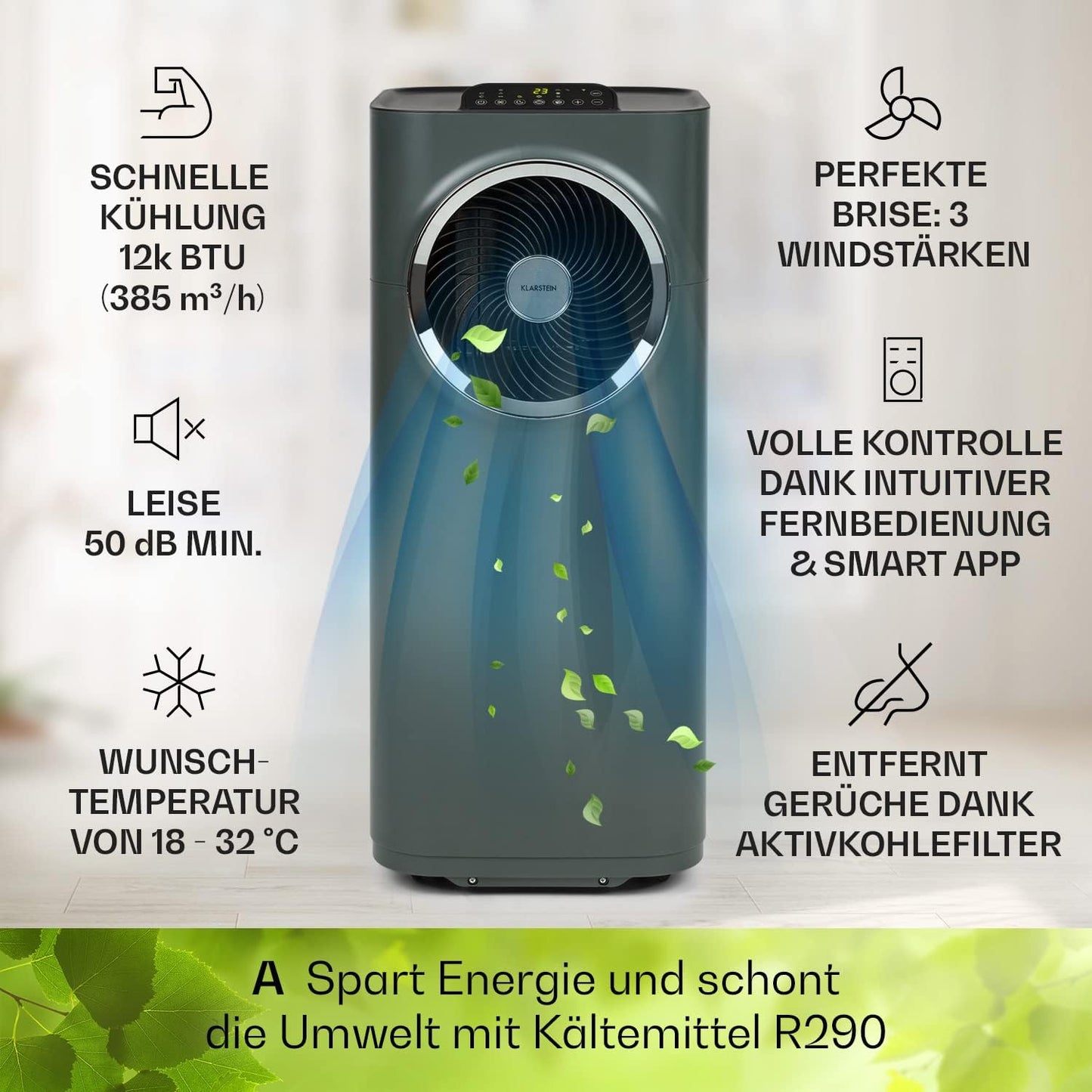 Klarstein Mobile Klimaanlage mit Abluftschlauch, 5-in-1 Klimagerät, Ventilator, Luftentfeuchter, Luftreiniger & Nachtmodus, App-Steuerung, Kleine & Portable für Wohnung & Büro, 12000 BTU