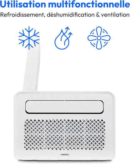 MEDION Smart Climatiseur Split P502 (5000 BTU, 3-en-1, Refroidir, Déshumidification, Ventilation, pour caravane, camping-car, kit de joint de fenêtre, mode sommeil, contrôle Wifi, Écran, MD 37735)