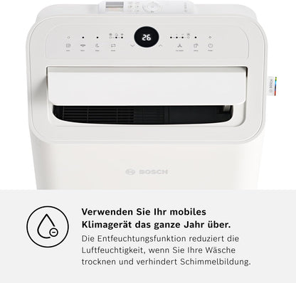 Bosch Cool 4000 Mobiles Klimagerät - 3-in-1: Klimagerät, Luftentfeuchter, Ventilator - 2,6 kW für Räume bis zu 35m² - Mit Auto-Modus, Silent-Modus & Sleep-Modus
