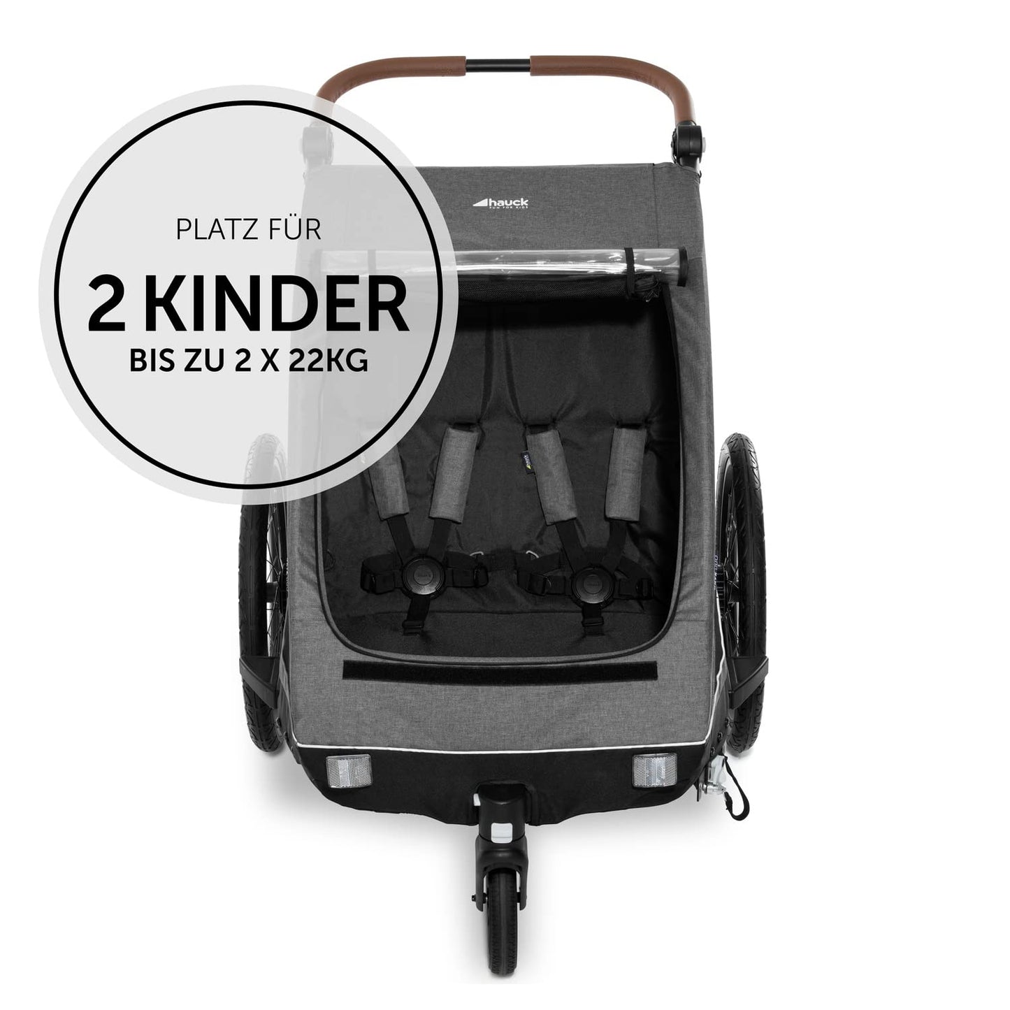 hauck Fahrradanhänger & Kinderwagen Dryk Duo Plus mit Federung, für 2 Kinder (6-48 Monate), inkl. Deichsel, Buggyrad, Fahne und LED Licht, Faltbar, Höhenverstellbar, XL Kofferaum (Dark Green)