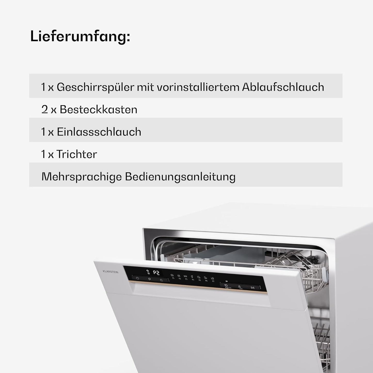 Klarstein  ia 8 - Spülmaschine, Geschirrspüler, Freistehend, Teilintegriert, F, 55 cm breit, 8 Maßgedecke, 6 Programme, Aquastop, silber