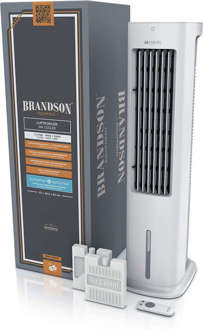 Brandson - Luftkühler mit Wasserkühlung 5 in 1 - Verdunstungskühler, Luftbefeuchter, Ventilator & Luftreiniger, mobile Klimaanlage ohne Abluftschlauch - Preisträger 2025 - leise - 5L Wassertank