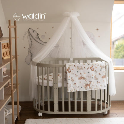 Waldin Oval Baby-Bett Mitwachsend Komplett Set 7in1, Gitterbett, Kinderbett mit Matratze, Wickelkommode, Beistellbett, Holz Weiß