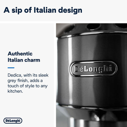 De'Longhi Dedica Style EC 685.M – Espresso Siebtrgermaschine, Espressomaschine mit professionellem Milchaufschumer, nur 15 cm breit, für Kaffeepulver oder ESE Pads, 1 l Wassertank, silber