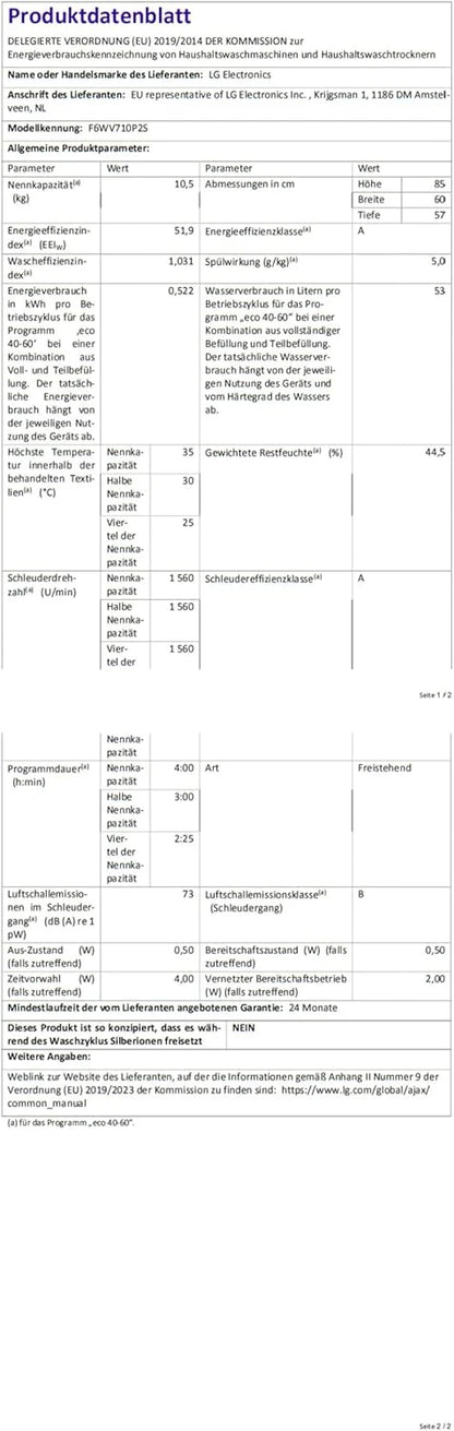 LG F4WV7080, Klasse A, Frontlader-Waschmaschine 8 kg, 1400 U/Min, AI Direct Drive, Wi-Fi, Tiefenreinigung mit Dampf, Groe Kapazitt, TRIPLE A, Auentür aus Sicherheitsglas, 62 x 60 x 85 cm  Wei