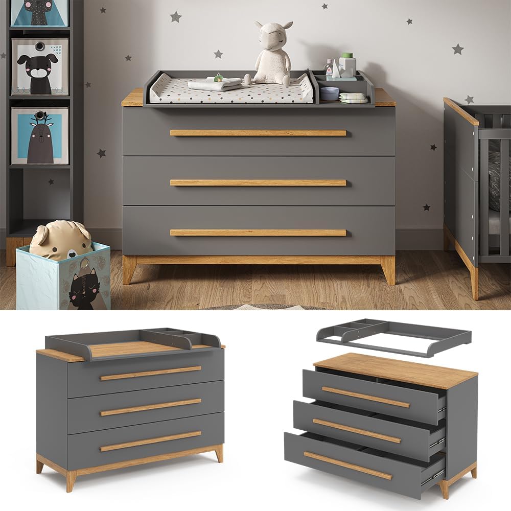 VitaliSpa Wickelkommode Malia, Weiß/Eiche, 133 x 98 cm XL mit 3 Schubladen