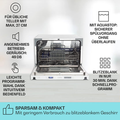 Klarstein  ia 8 - Spülmaschine, Geschirrspüler, Freistehend, Teilintegriert, F, 55 cm breit, 8 Maßgedecke, 6 Programme, Aquastop, silber