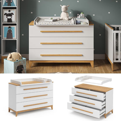 VitaliSpa Wickelkommode Malia, Weiß/Eiche, 133 x 98 cm XL mit 3 Schubladen