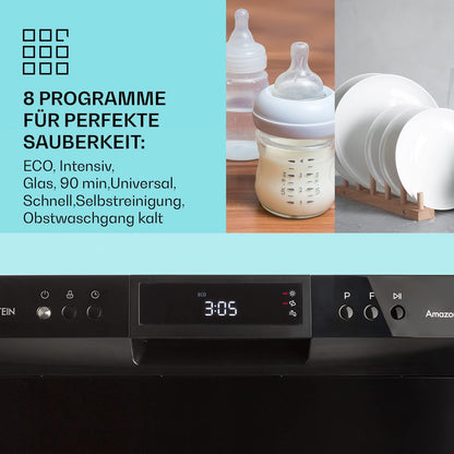 Klarstein  ia 8 - Spülmaschine, Geschirrspüler, Freistehend, Teilintegriert, F, 55 cm breit, 8 Maßgedecke, 6 Programme, Aquastop, silber