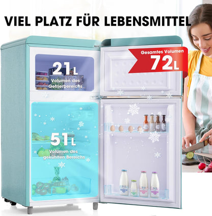 Merax Kühlschrank mit Gefrierfach, Kühl-Gefrierkombination, klein Kühlschrank mit 51L und Gefrierschrank 21L, Leise, LED, Glasablagen, Gemüsefach, Türablagen, für Küche, Wohnzimmer, Büro, Schwarz