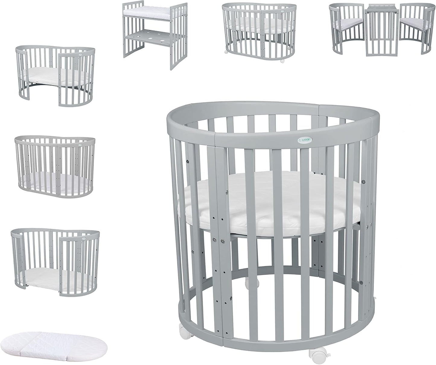 Waldin Oval Baby-Bett Mitwachsend Komplett Set 7in1, Gitterbett, Kinderbett mit Matratze, Wickelkommode, Beistellbett, Holz Weiß