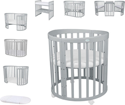 Waldin Oval Baby-Bett Mitwachsend Komplett Set 7in1, Gitterbett, Kinderbett mit Matratze, Wickelkommode, Beistellbett, Holz Weiß